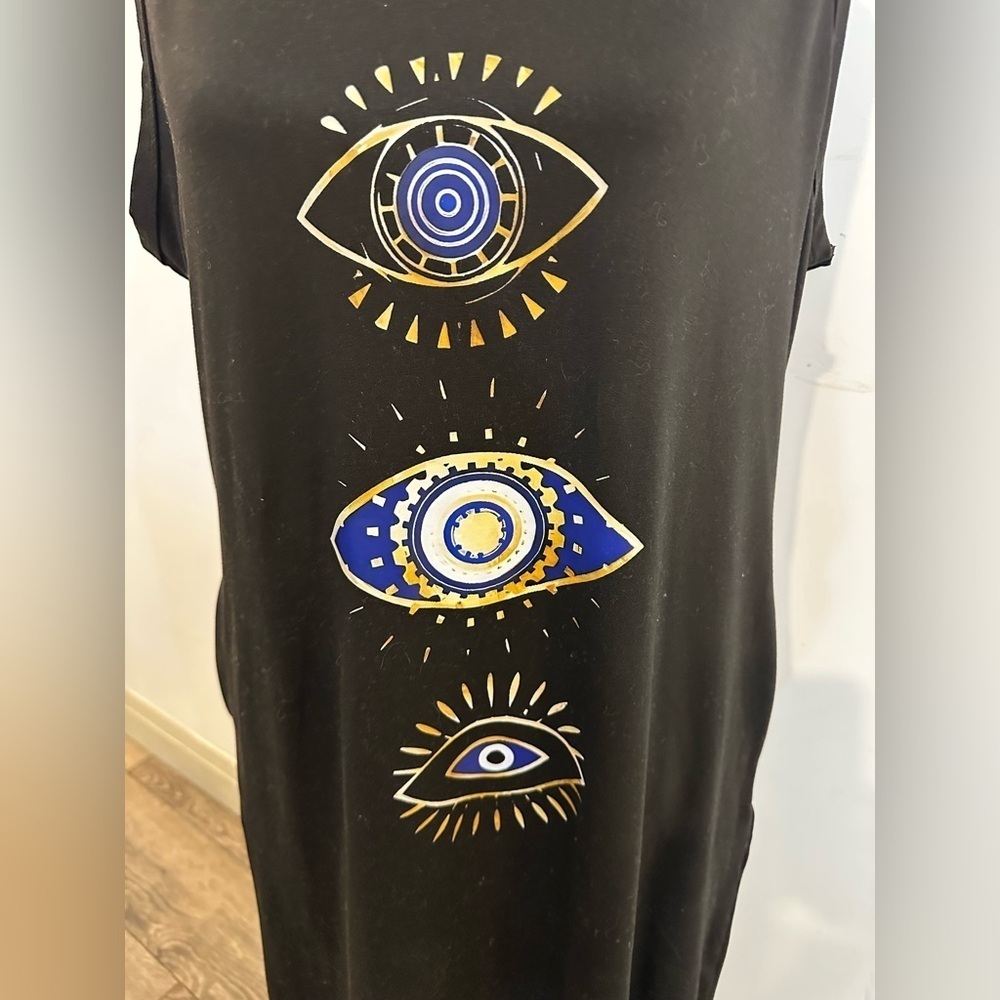 Black Backless Sleeveless Maxi Dress with Eye Motif.   R3 - Picture 3 of 3